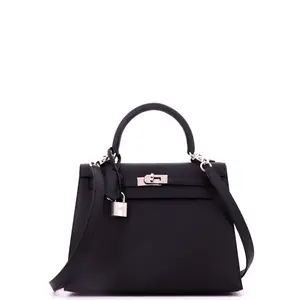 Pre-owned HERMÈS Leather Top Handle Bags Hermes Kelly Handbag Noir Epsom with Palladium Hardware 25 by Rebag
