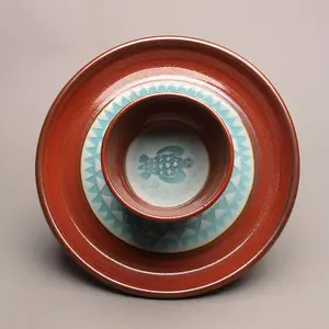 Personal Sized Handcrafted Ceramic Chip and Dip with Sea Turtle Design, Iron Red and Turquoise, Arrowhead Pattern, Ceramic Porcelain