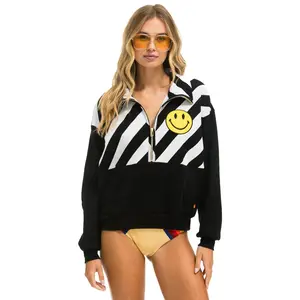 CAUTION SMILEY 2 EMBROIDERY FLEECE HALF ZIP SWEATSHIRT - BLACK // WHITE