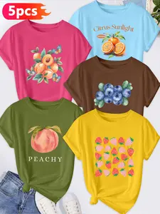 Women's 5-Pack Casual Crew Neck T-Shirts,"PEACHY" Peach & Strawberry Grid Print, Multiple Colors Available, Machine Washable, Spring & Summer Top, Soft Skin-Friendly Fabric, Daily Versatile, Fashion Design