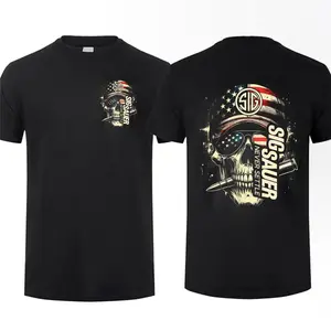 Sig Sauer American Skull Flag 2 Sided T-Shirt, Unisex Short Sleeve Casual Cotton, Top Menswear, Tactical Gear, Gun Lover Womenswear Streetwear Tshirt Summer Crewneck Shortsleeve