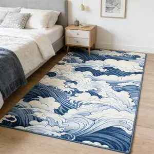 Ins style ukiyo-e sea wave rectangular floor mat, bedroom bed tail anti slip absorbent foot mat, study reading area decorative mat, suitable for Japanese style space/modern living room, thick, soft and easy to clean, Decorative Area Rug