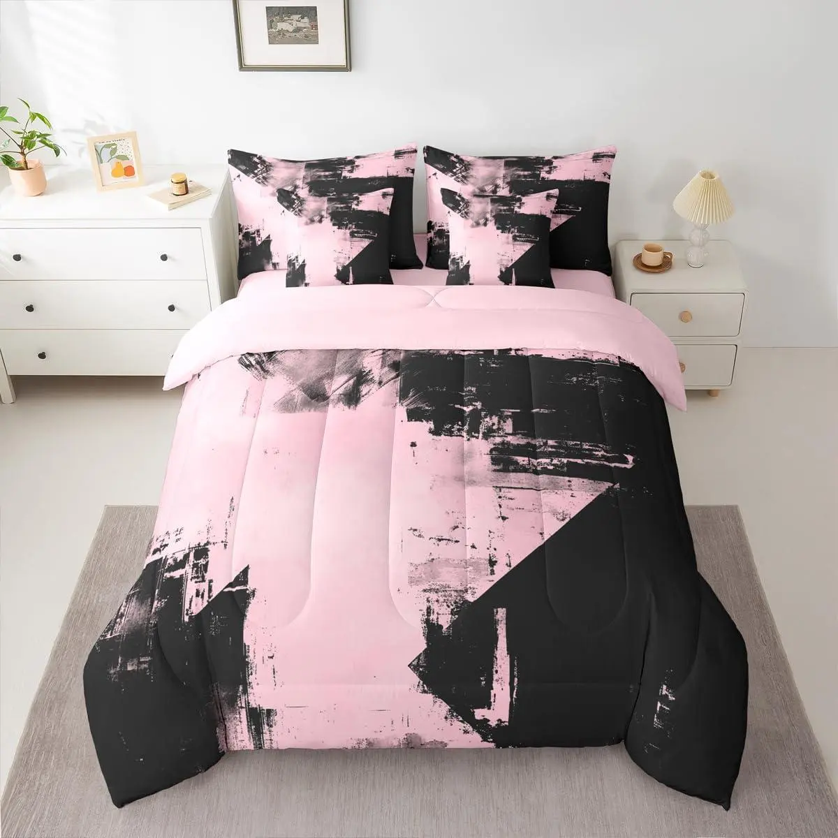 Abstract Comforter Set 7 Pieces Modern Abstract Art Bedding Set Luxury Bed in a Bag with Comforter,Sheets,Pillowcases,Cushion Covers Geometric Bedroom Decor Pink and Black
