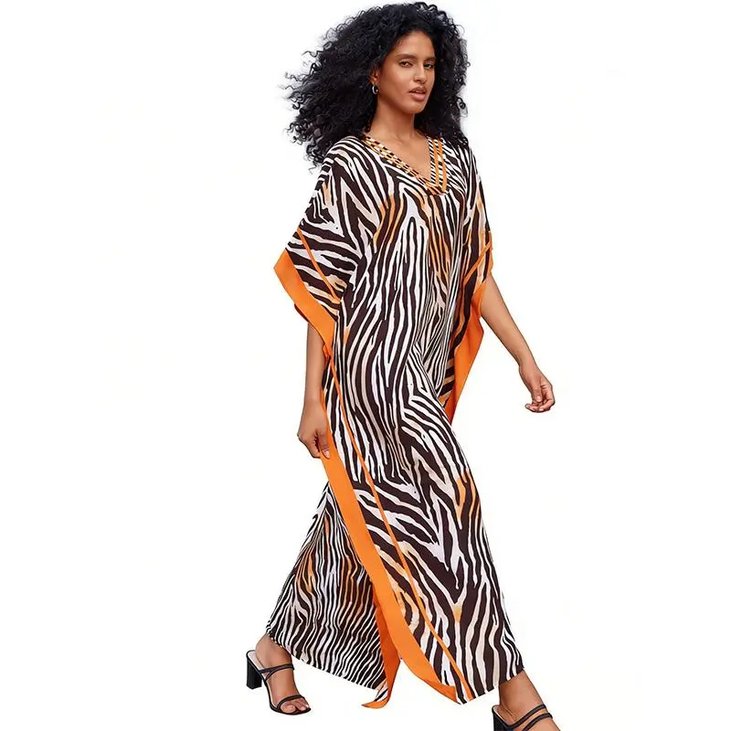 Women's Plus Size Kaftan Dress, Bohemian Zebra Print Viscose Muumuu, Deep V-Neck with Batwing Sleeves, Casual Loungewear & Beach Cover Up, Ethnic Prints, Side Slits, Lady, Elegant, Evening, Caftan, Breathable Fabric Lightweight, Swimsuit, Style, Soft, Cas