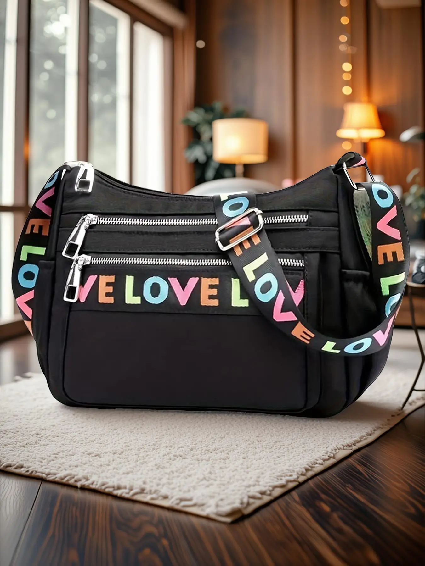 Fashion Letter Love Pattern Embroidered Crossbody Bag, Casual Large Capacity Zipper Shoulder Bag for Women and Girls