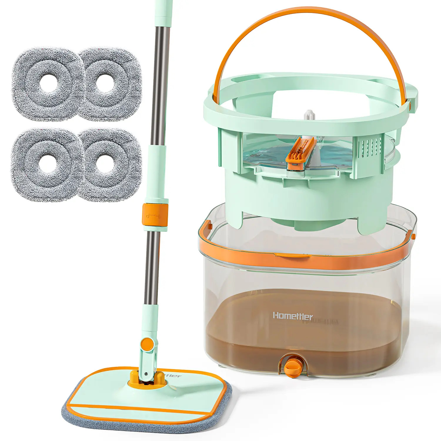 HoMettler Transparent Spin Mop and Bucket Set - Dual-Tank Clean-Dirty Water Separation, 360-Degree Rotatable Triangular Head, 4 Microfiber Pads for Deep Floor & Wall Hard Dirt Cleaning, Home Bathroom Use scrub brush school