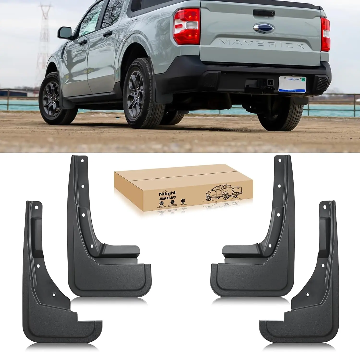 Nilight Heavy-Duty Polypropylene Mud Flaps - Durable Vehicle Splash Guards, No-Drilling Easy Installation, Laser-Scanned Perfect Fit for Ford Maverick 2022-2025, Front & Rear Set, Car Accessories, 24/7 Customer Support