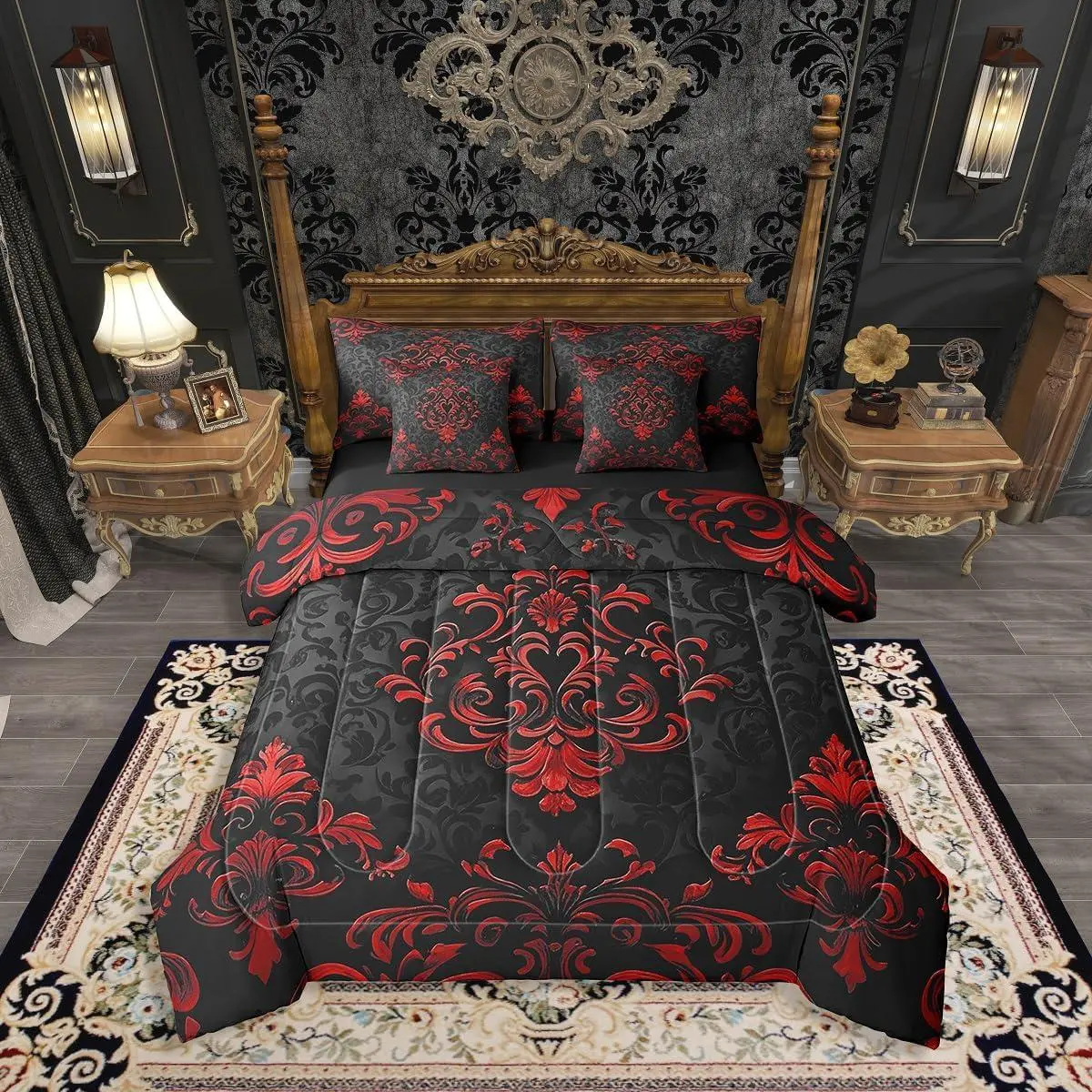 Feelyou 7-Piece High Tensile Strength Gothic Vintage Floral Damask Bed-in-A-Bag Bedding Set - Queen, King Sizes, Black-Red Boho Victorian Baroque Breathable Comforter & Bedsheet Set for Adults, Decorative Bedding Set, Bedsheet Sets