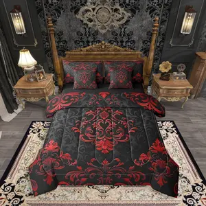 Feelyou 7-Piece Gothic Vintage Floral Damask Queen Comforter Set - Black-Red Boho Exotic Goth Bedding with Breathable Sheets, Multi-Size Bed-in-A-Bag for Adults (Victorian Baroque Design)