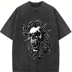 Spiked Skull Chains Vintage Graphic T-Shirt, Retro Gothic Punk Rock Tee, Heavy Metal Horror Shirt, 90s Y2K Dark Aesthetic Streetwear Top