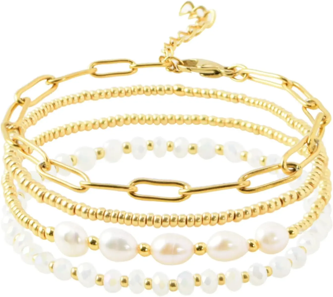 Dainty Gold Plated Pearl Crystal Beaded Bracelets Set for Women 14K Gold Plated Bead Pearl Beads Bracelet Stackable Paperclip Link Chain Bracelets Gold Plated Bracelets for Women Trendy Jewelry