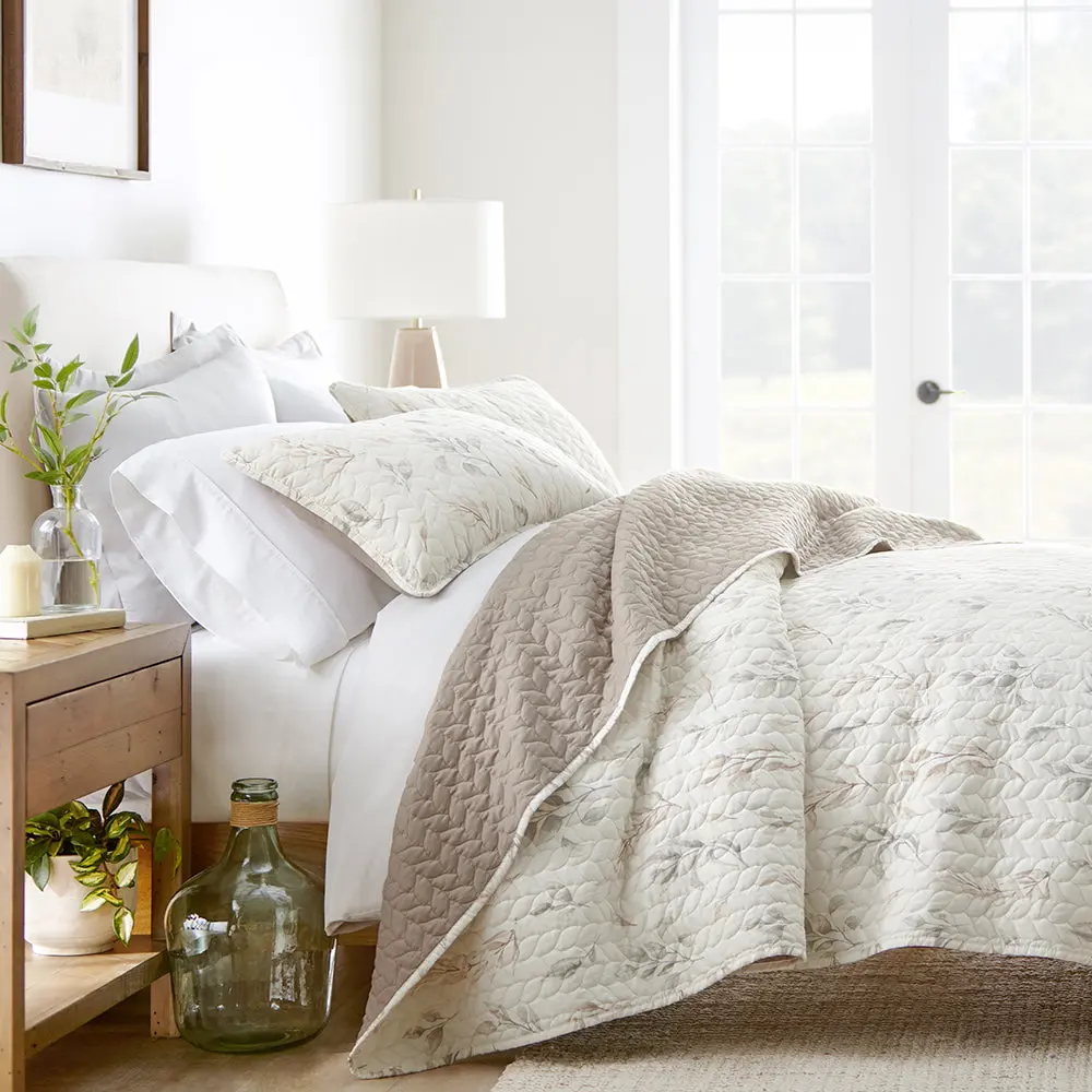 Watercolor Leaves Reversible Quilted Coverlet Set Watercolor Leaves Reversible Quilted Coverlet Set