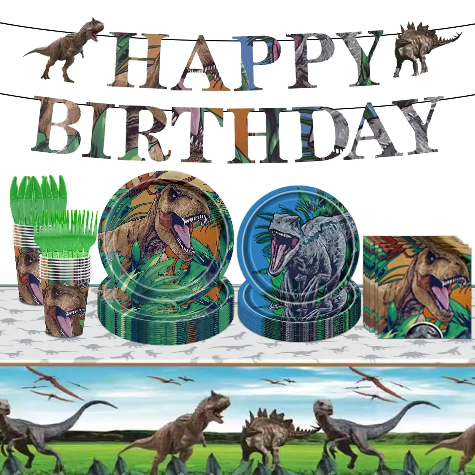 98pcs Dinosaur Birthday Party Supplies Tableware Set Theme Decoration For Dino Paper Plates And Napkins Dinnerware Tablecloth Banner Serve 16