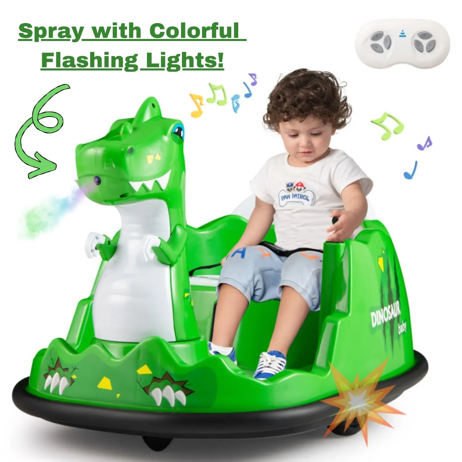 COSTWAY Bumper Car, 12V Ride on Bumping Toy with Remote Control, Spray, Colorful Flashing Lights & 360° Spin, Electric Bumper Cars for Toddlers Kids Boys & Girls Aged 2-5, Dinosaur, Green