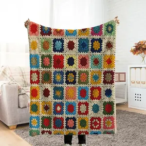 Vintage Colorful Crochet Square Printed Flannel Throw, Thick Faux Fur Blanket, Bedroom Lounge Blanket, Couple Custom Blanket, Extra Large Sofa Blanket, Living Room Throw, Flannel Throw Blankets