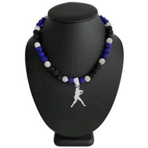 Iced Bling Disco Ball Rhinestone Crystal Bead Baseball Necklace Black, Royal + Player Swing Pendant