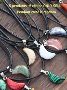 10Pcs Natural Crystal Moon Shape Pendant Necklace Set Chakra Stone Quartz Crescent Necklace with Black Leather Cord for DIY Jewelry Making Moon Star Theme Festival Party Gift (5 Pendants 5 Chains) Moon Goddess Pendant