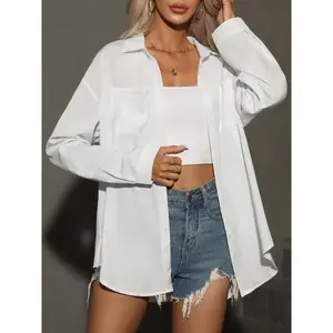 Aswulk Button Down Shirts for Women Long Sleeve Blouse Dressy Casual Business Work Tops with Pockets White