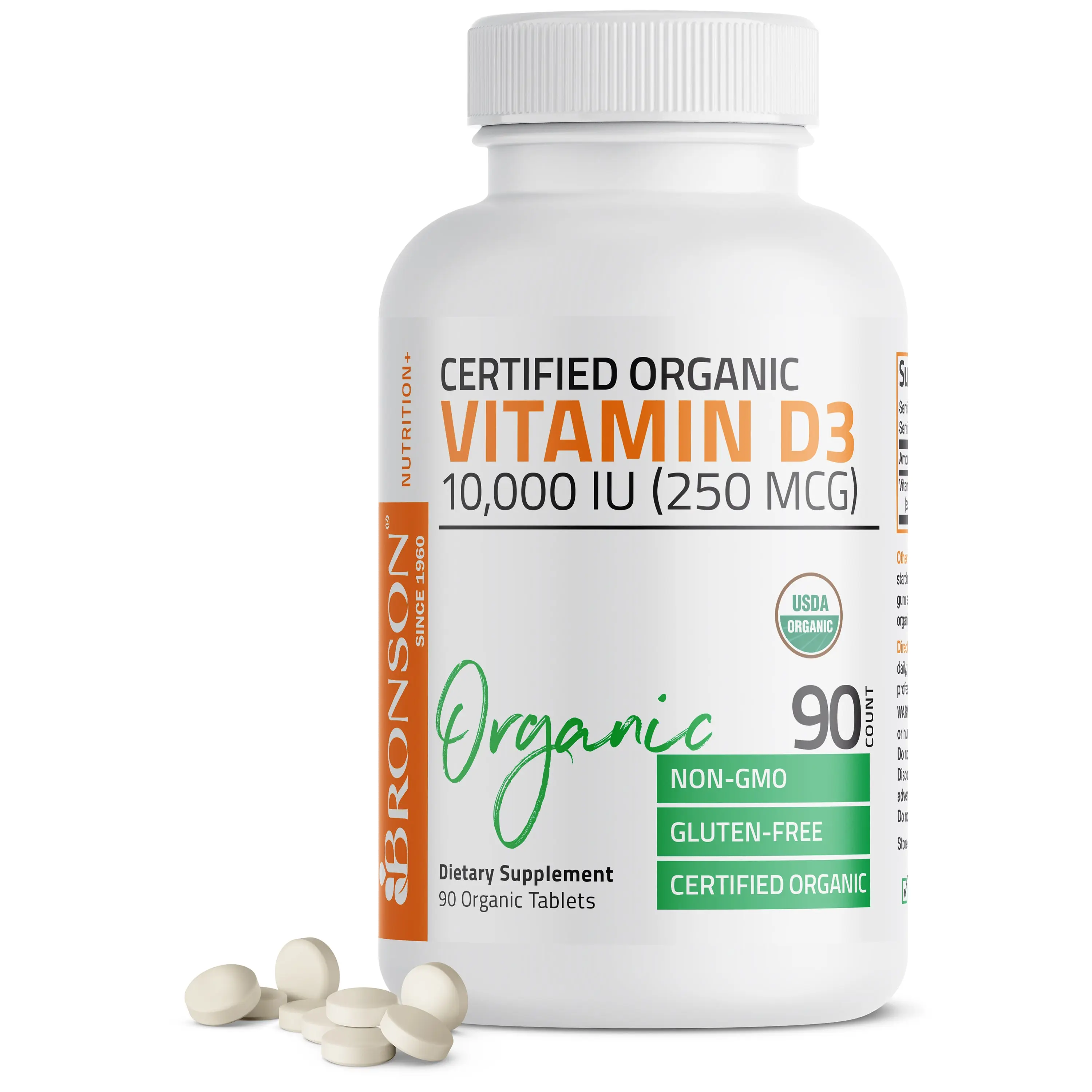 Bronson Labs Certified Organic Vitamin D3 10,000 IU Dietary Supplement for Adults - Gluten-Free, Non-GMO, Immune Support, Healthy Muscle Function, Bone Health