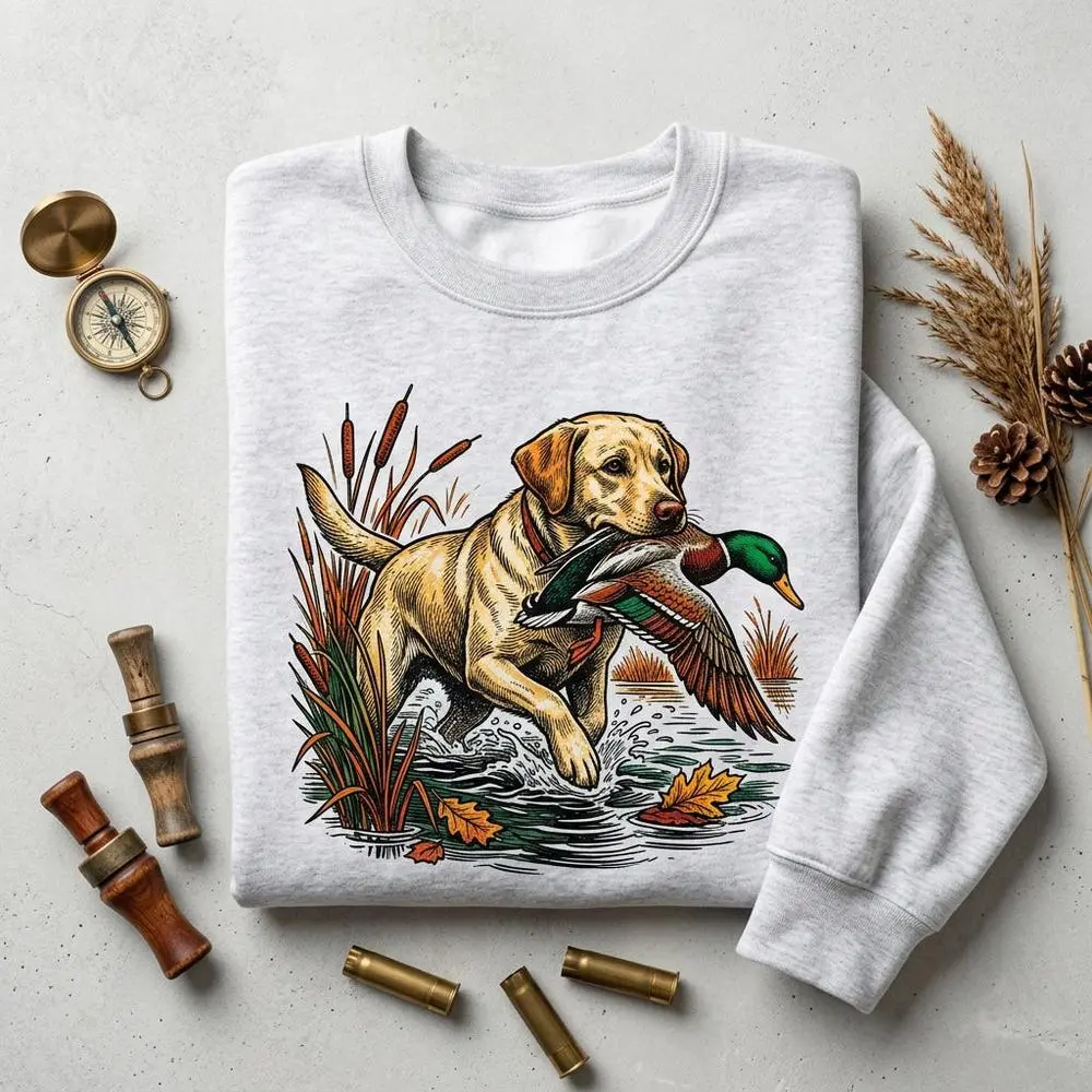 Yellow Lab Duck Hunting Sweatshirt, Retro Waterfowl Retriever Crewneck, Mallard Dog Pullover#477