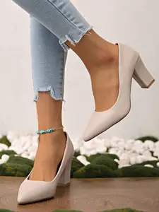 Spring Summer New Fashion Women's Work Shoes, Chunky Heels Pointed Toe Slip-On Shoes, Slip On Pumps, Korean Style Simple High Heels