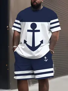 Plus Size Ocean Anchor Pattern Set, Man Blue Striped Short Sleeve Fashion Combination, Casual Geometric Style, All Seasons, Clothes