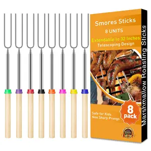 8 Pack Extendable Stainless Steel Roasting Sticks, Reusable Skewers for Smores, Hot Dogs, Camping Essentials Fire Kit