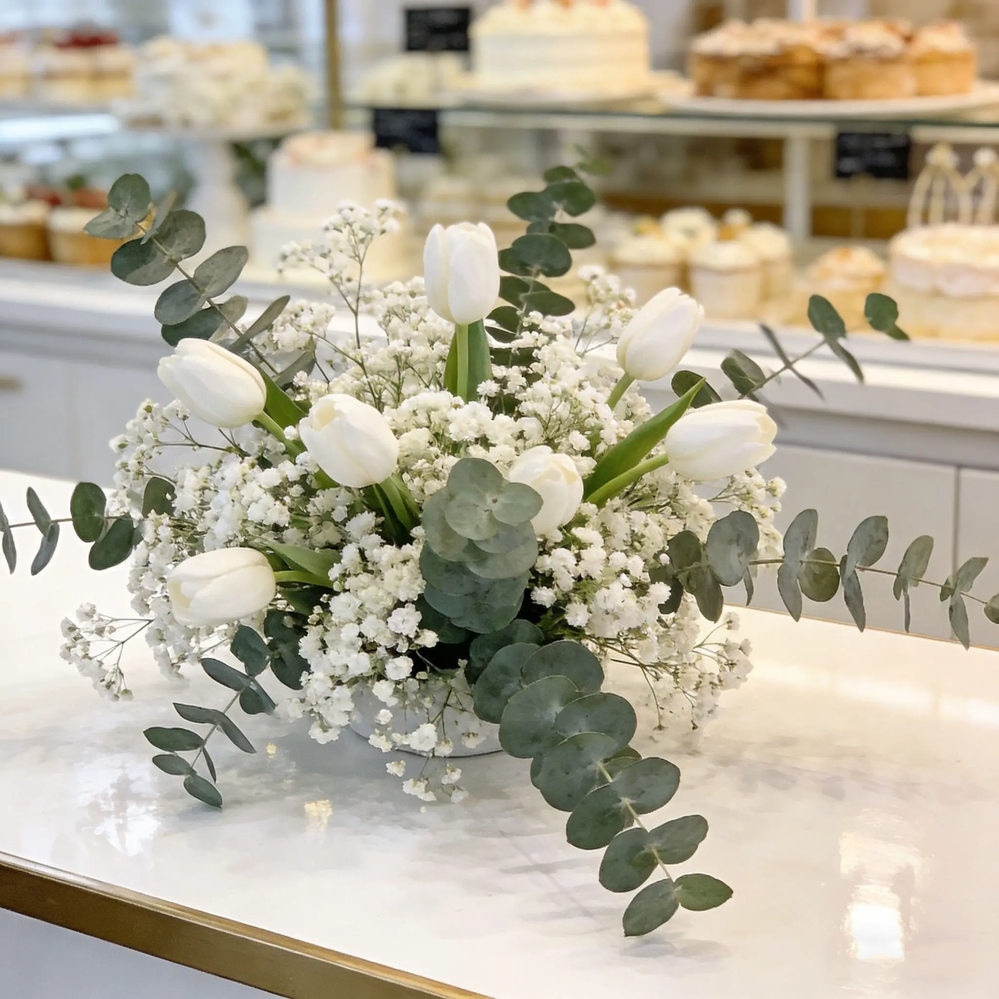 Elegant Tulip Bouquet, 40 Starflowers + 20 Tulips + 20 Eucalyptus Leaves, Durable Artificial Flowers, Modern Home Decor