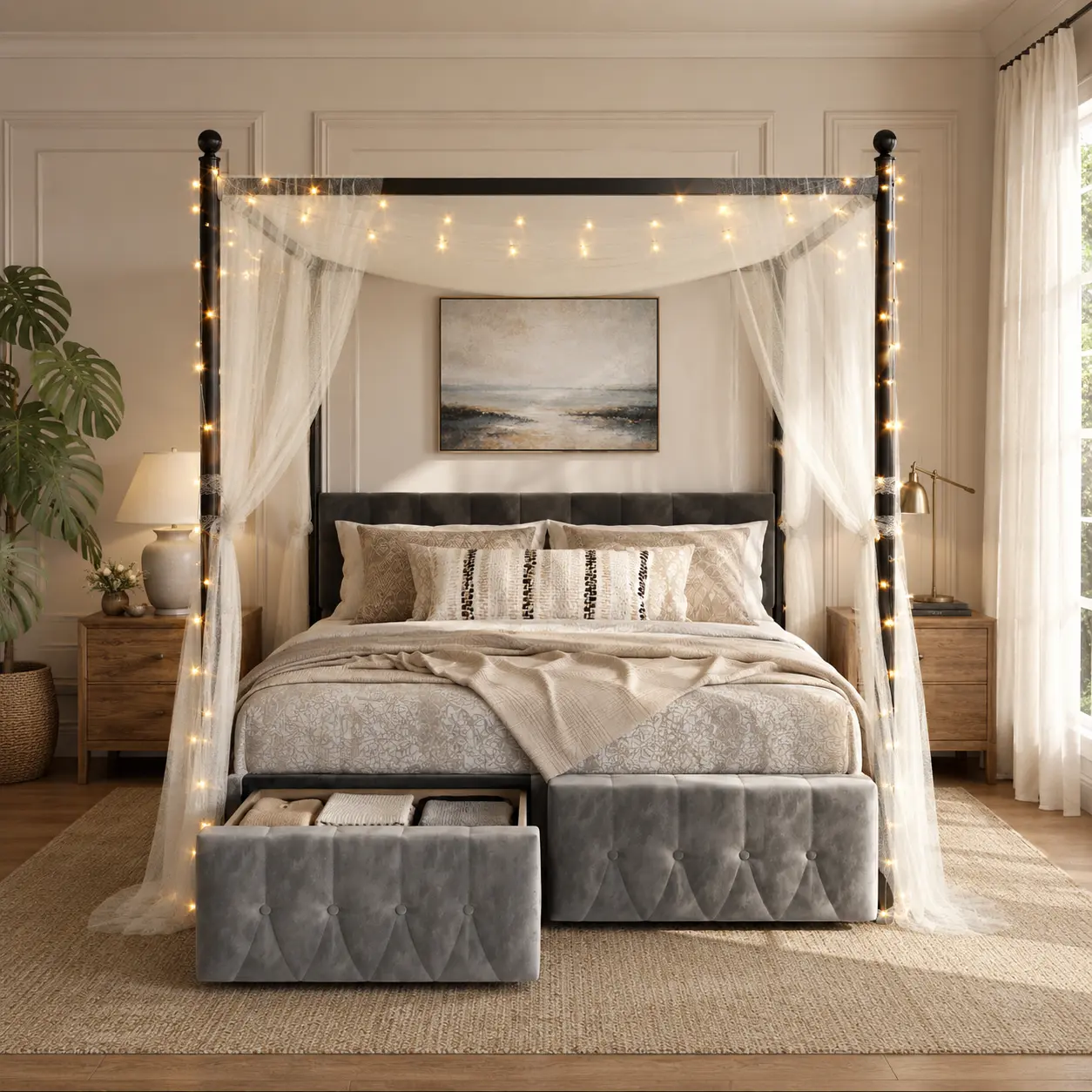 【Summerwins】Modern Metal Canopy Bed Frame Queen Size with 2 drawers & Velvet Upholstered Headboard, No Box Spring Needed,Platform Bed with Sturdy Steel Slats Support,Noise-Free & Heavy Duty 800lbs Capacity, 11" Under-Bed Storage,Easy Assembly#Cocooners
