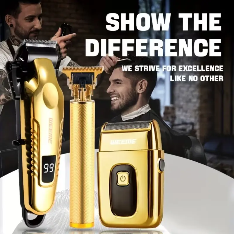 WEEME 3-Piece Men's Wireless Hair Clipper Set, Cordless Trimmers Set, USB Rechargeable With Adjustable Blades & Guide Combs, Professional Trimming Tools For Hair, Beard And Body, Ideal Gift For Travel, Home And Daily Styling