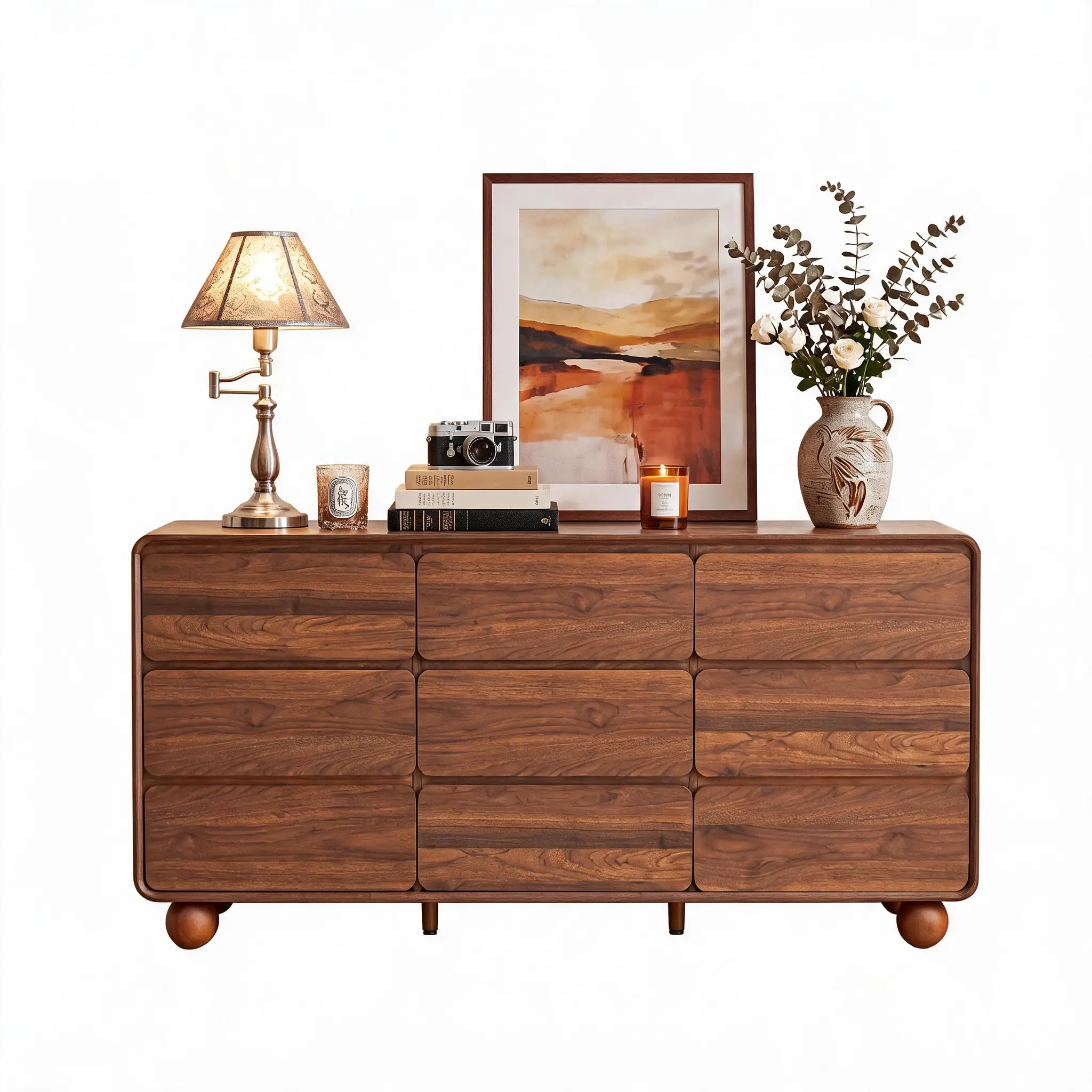 Giratree Modern 9 Drawer Dresser for Bedroom, 63" L Wooden Dresser Chest of Drawers, Handle Free & Curved Profile Design, Mid Century Closet Clothes Storage Organizer for Living Room