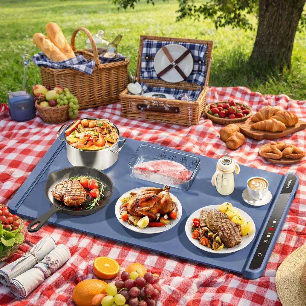 Electric Food Warming Mat for Tableware & Coffee, 3 Temperature Settings (140°F-212°F), 250W Energy-Efficient, Auto Shut-Off, Child Safety Lock, Roll-Up Silicone Pad, Easy to Store and Transport, Compact for Parties & Catering, Coasters, 3 Settings