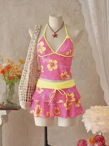 Women's Summer Beach Festival Print Halter Bikini Set, Casual Vacation Style, Fitted Tank Top and Skirt Three-Piece Suit, Tankini Sets