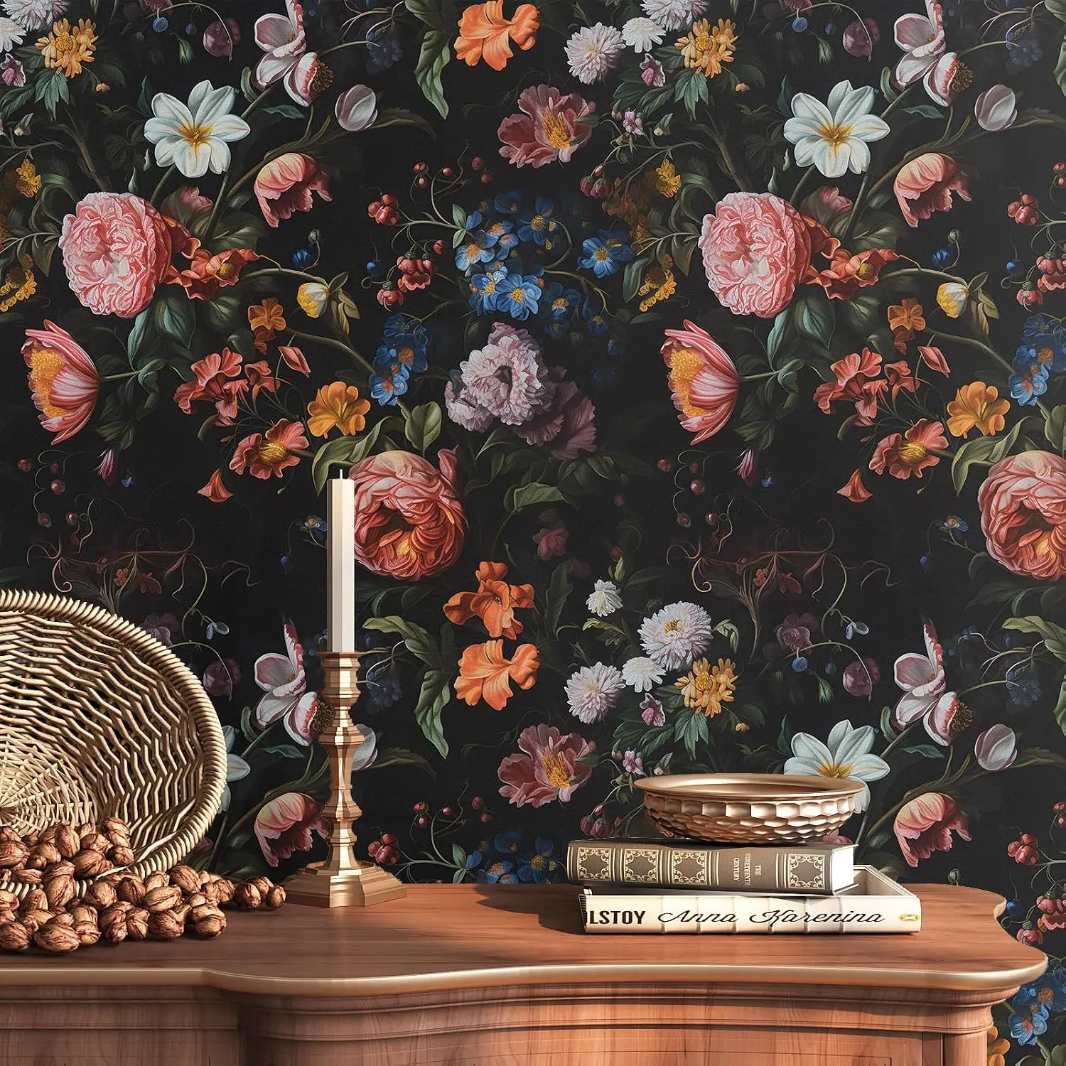 VEELIKE Retro Dark Floral Oil Painting Self-Adhesive Wallpaper Rolls, Renter-Friendly Removable Mural for Bathroom Accent Wall, Laundry Room, 17.7in x 118in Contact Paper for Cabinets, Drawers, Closet, Drawer Liners