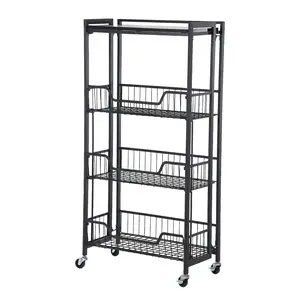 Foldable Storage Cart on Wheels, Iron and Wood Rolling Storage Cart with 3-Tier Shelves, Utility Kitchen Organizer for Fruit Vegetable Snack Pantry, Space-Saving Cart for Home, Black/White