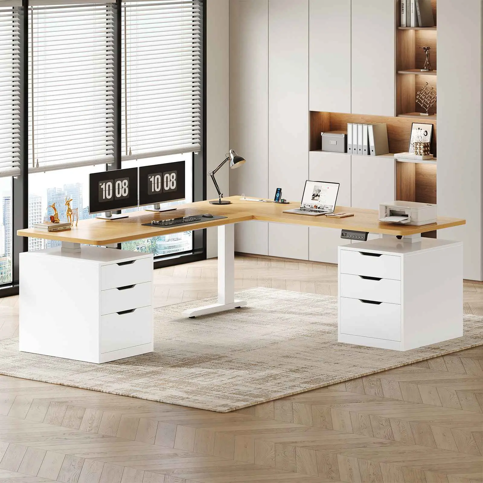 SEDETA L Shaped Electric Standing Desk with 6 Drawers, 66.9" x 57.1" Height Adjustable Corner Desk with Built-in Power Outlet, 28.3"-47.2" Sit Stand Desk with 3 Memory Heights Home Office Workstation Modern Ergonomic Furniture