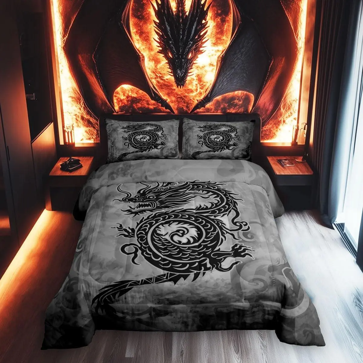 Feelyou Chinese Dragon Polyester Blanket Bedding Set - Vintage Black-Gray Graffiti Art, Exotic Look, Breathable All-Season Microfiber Bed Comforter, Ideal for Dormitory, Camping; Note: Do Not Bleach, Set Includes Core Bedding Pieces