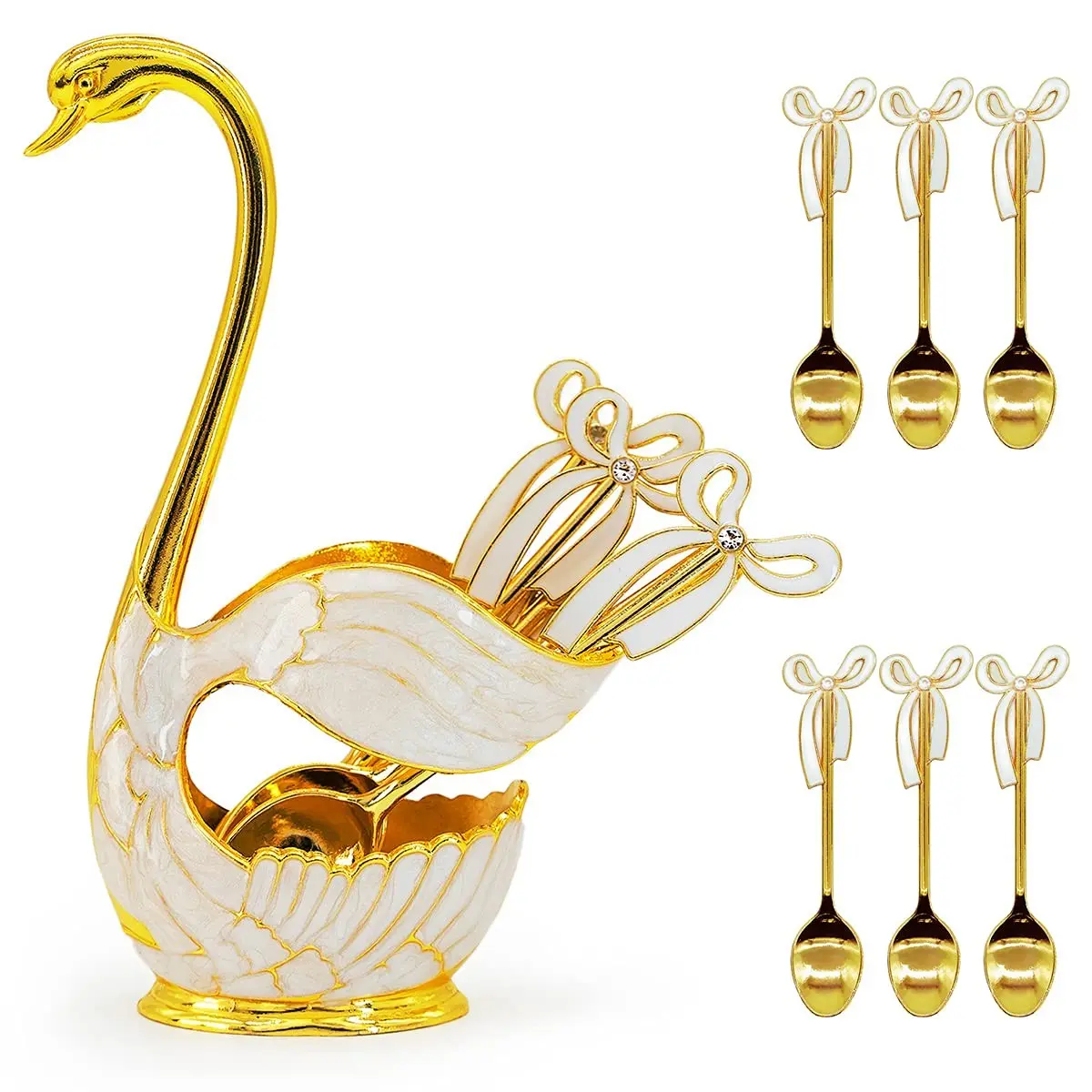 Coffee Dessert Spoon Set Metal Swan Base Holder Spoon Organizer with 6pcs Ice Cream Spoons Teaspoons Coffee Dessert Flatware (Gold)