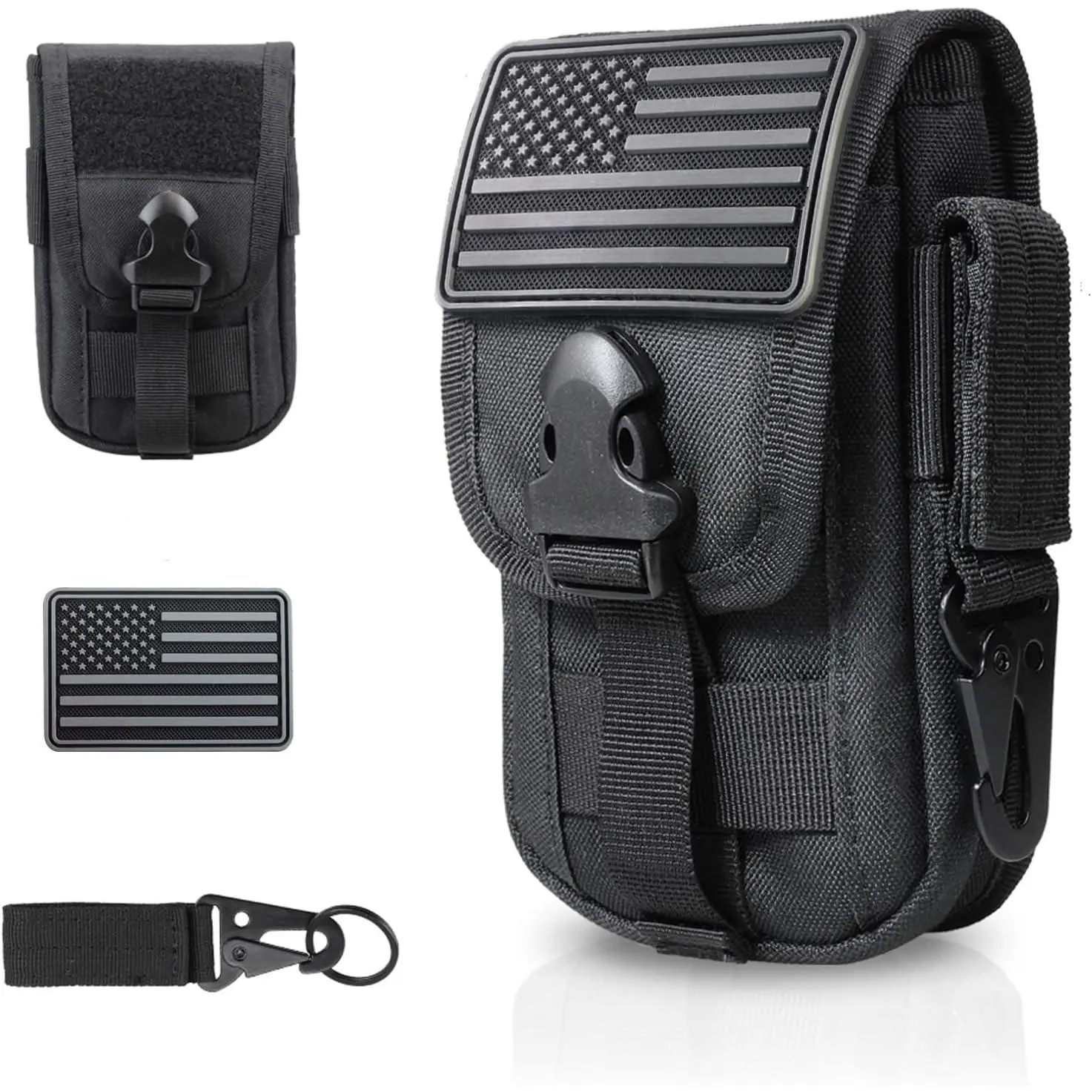 P-PHP029    Tactical Phone Pouch Molle,Smartphone Holster Bag EDC Utility Cellphone Lock Card Holder Organizer Fit for Waist Belt Case Include Tactical Gear Clip and U.S.A Patch