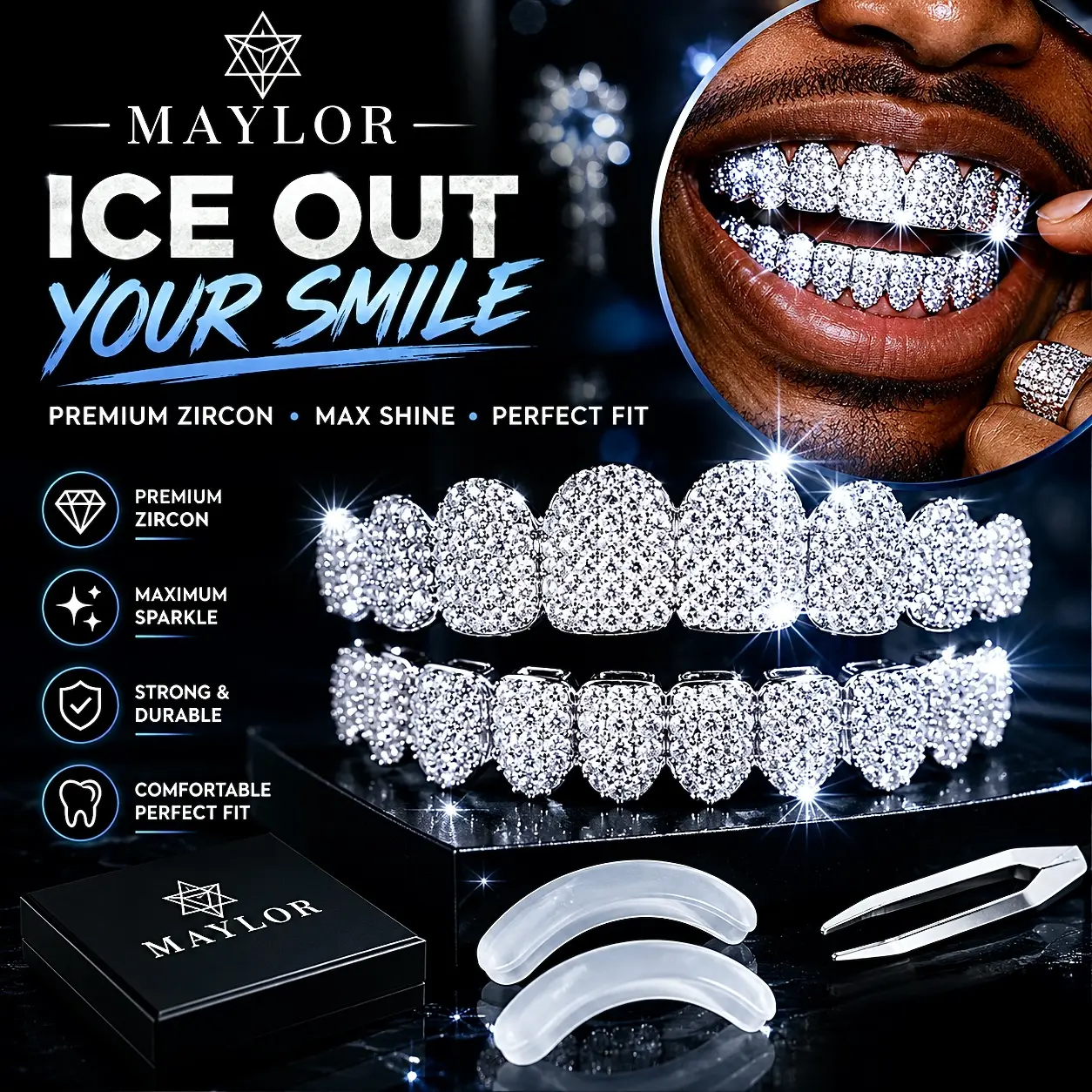 Iced Out Grillz for Teeth with Brilliant Cubic Zirconia, Silver Hip Hop Body Jewelry, Reusable Moldable Fit to Boost Smile for Concerts & Cosplay, Reusability, Oral, Adjustable Fit, Softens Then Molds, Parties, Custom Adjustable Fit
