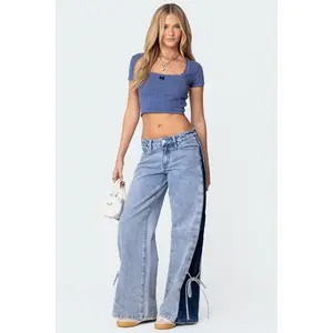 Contrast Split Washed Low Rise Bootcut Jeans