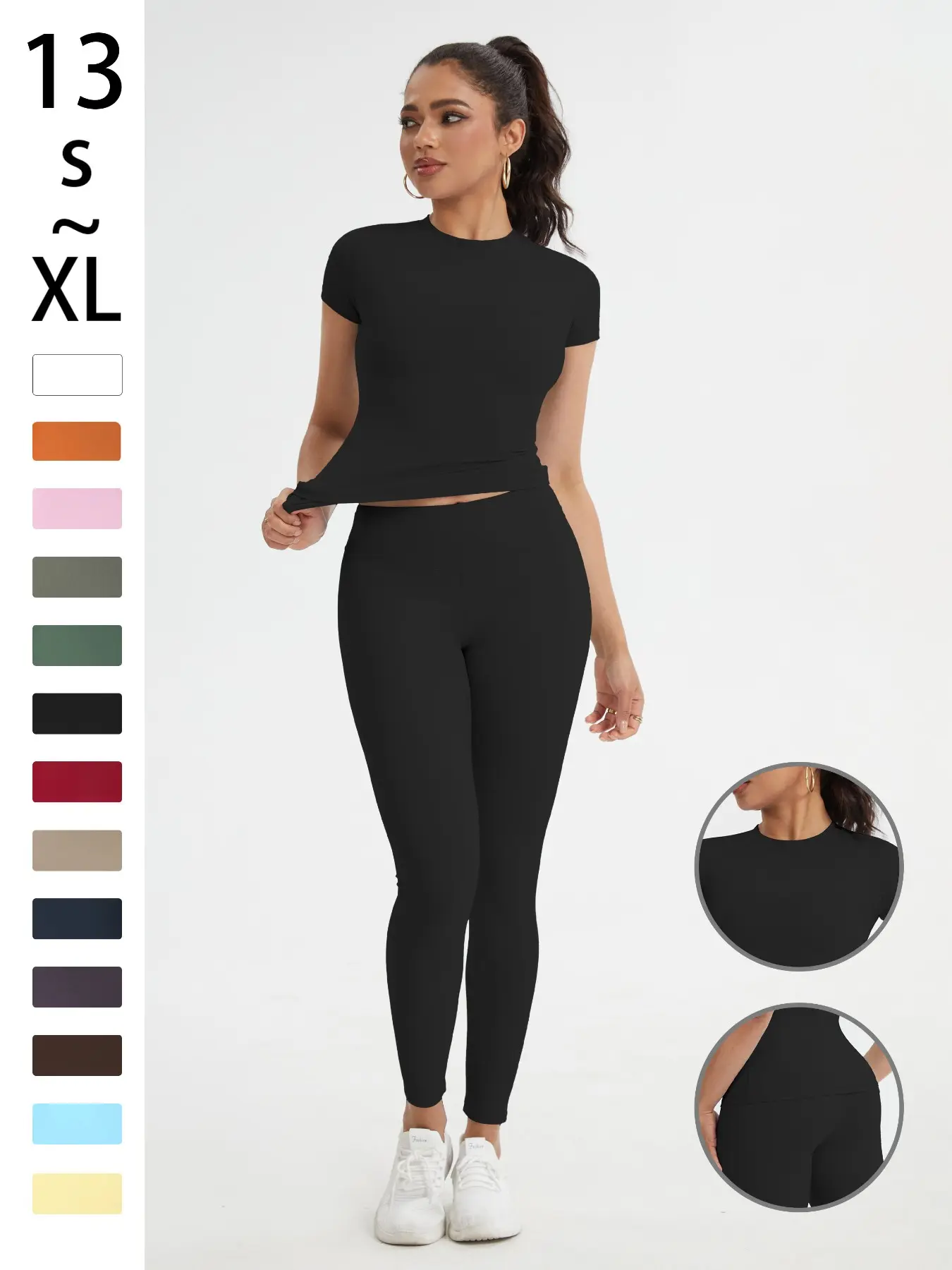 Women's High Waist Leggings & Soft Round Neck Short Sleeve Top Set, Athleisure Activewear Clothing, Comfortable Daily Wear for Home & Sport, 2-Piece