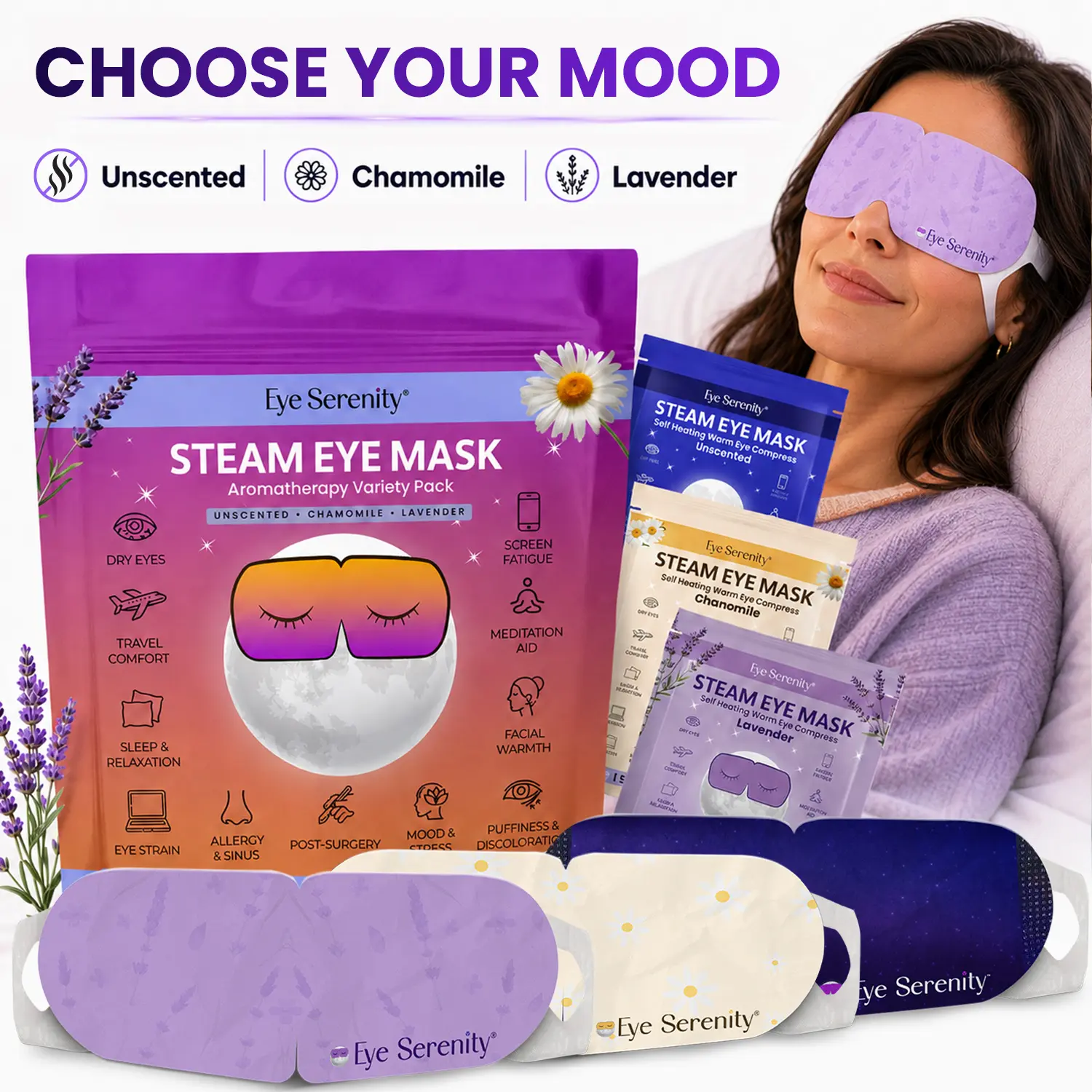 Eye Serenity Steam Eye Mask Variety Pack - Unscented, Chamomile, Lavender