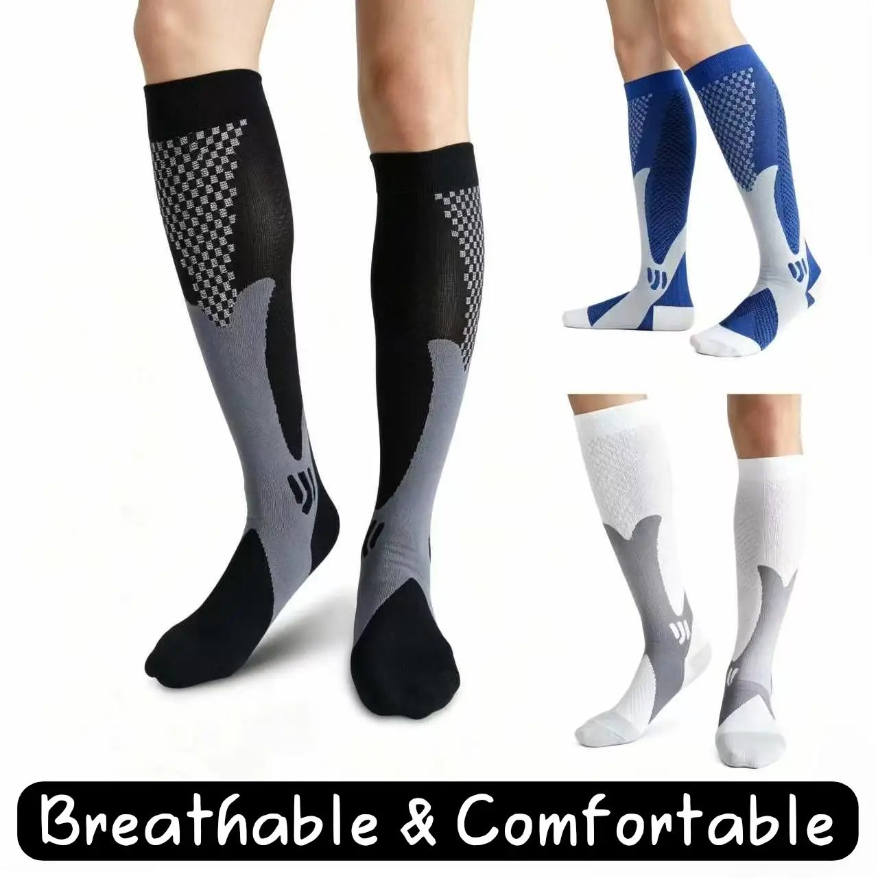 3 Pairs Knee-High Compression Sports Socks - Breathable, Moisture-Wicking, Arch Support, Reinforced Heel & Toe, Abrasion Resistant - Compression Stockings for Running, Fitness, Large Sizes, 1 of Each Color, Fitness for Everyone, Abrasion Resistant Sports,