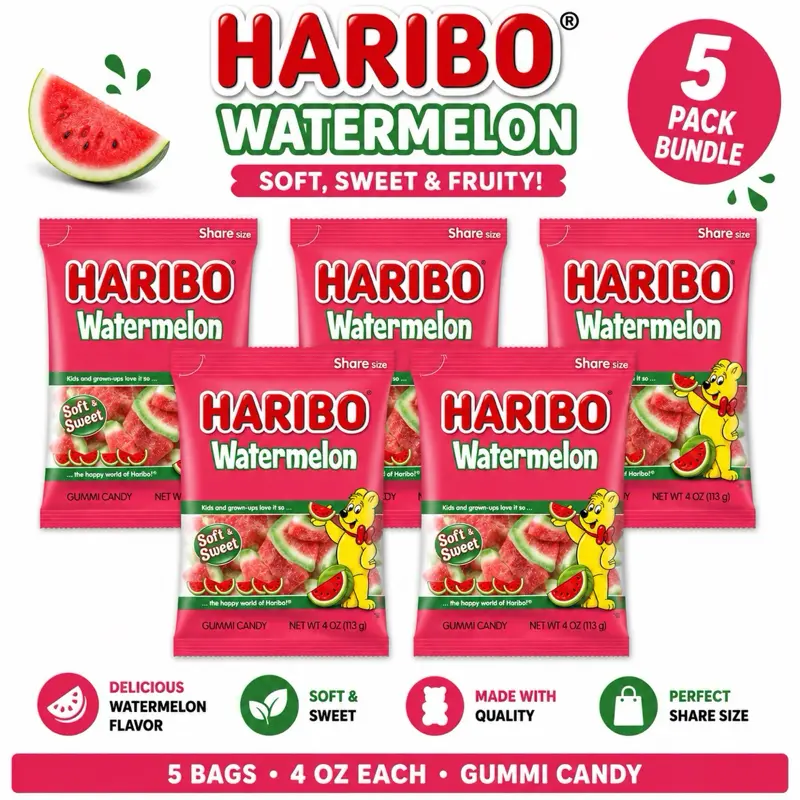 HARIBO watermelon Gummy Candy 5-Pack Bundle – Soft & Fruity Watermelon Candy, 4 oz Bags