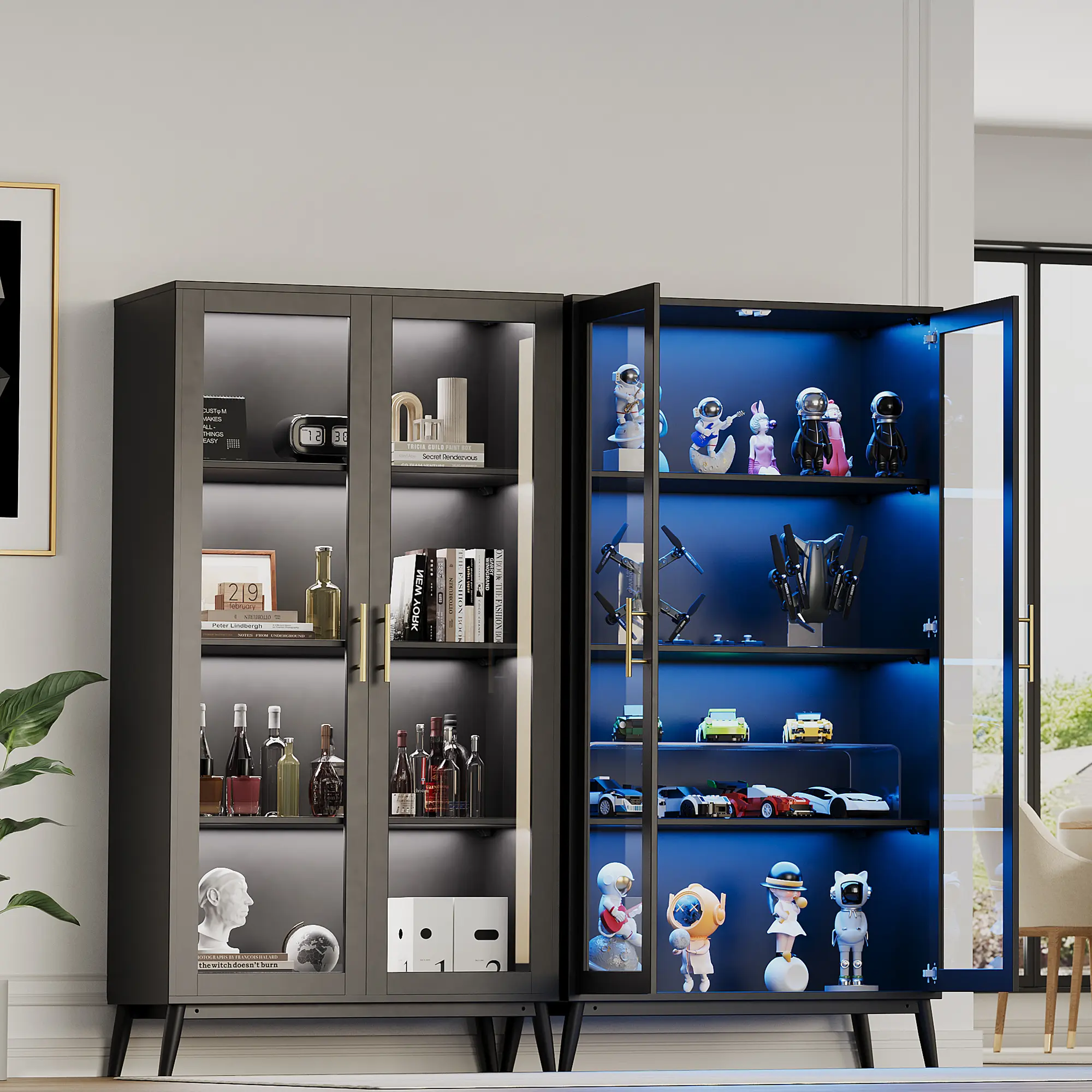 Glass Display Cabinet with RGB LED Lights & Motion Sensor, 4-Tier Curio Cabinet with Glass Doors, USB Powered Storage Case for Collectibles, Toys & Books, for Living Room & Corner