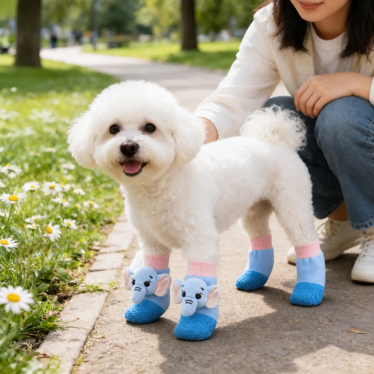 1 Set All-Season Pet Boots with Cute Pig & Elephant Designs, Non-Slip Stay-On Dog Shoes, Dust-Resistant Quiet Paw Protectors for Small, Medium & Large Dogs, Cats, Teddy Dogs and Pomeranians
