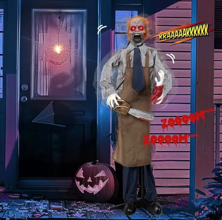 Ubesgoo 5.7FT Adjustable DIYable Standing Man Halloween Animatronic - Chainsaw Sound, Vibrating Body, Red Glowing Eyes - Festive Decoration for Lawn, Carnivals, Indoor/Outdoor Spaces, Dry Battery Power