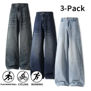 Assorted Washed 3-Pack High-Waist Baggy Wide-Leg Men’s Vintage Straight Denim Jeans — Street Casual Sportswear