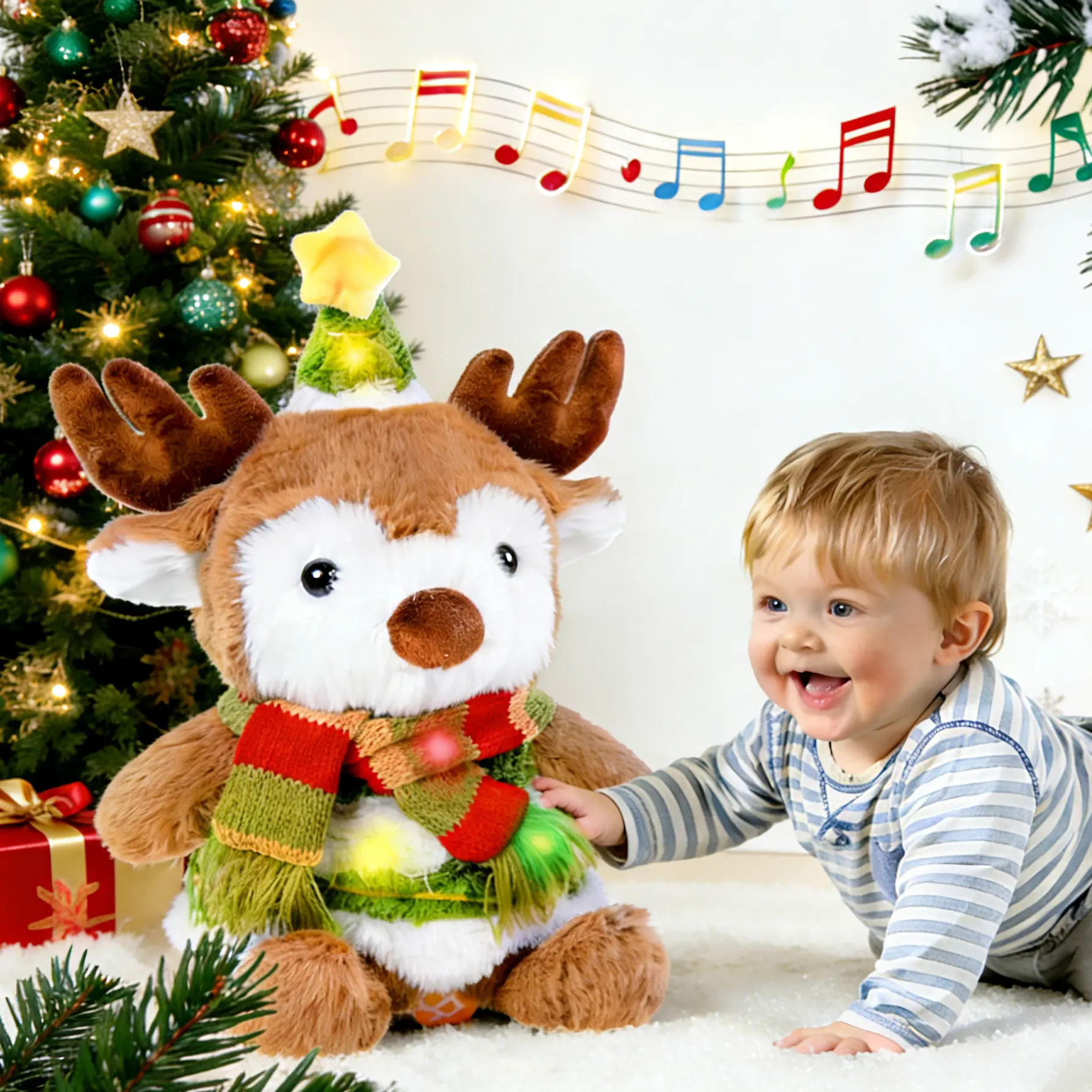 Emoin Christmas Deer Plush Stuffed Toy - Unisex Interactive Audio Stuffed Animals with Singing, Sound, Voice Repeating Features, Soft Huggable Gift for Birthday, Christmas